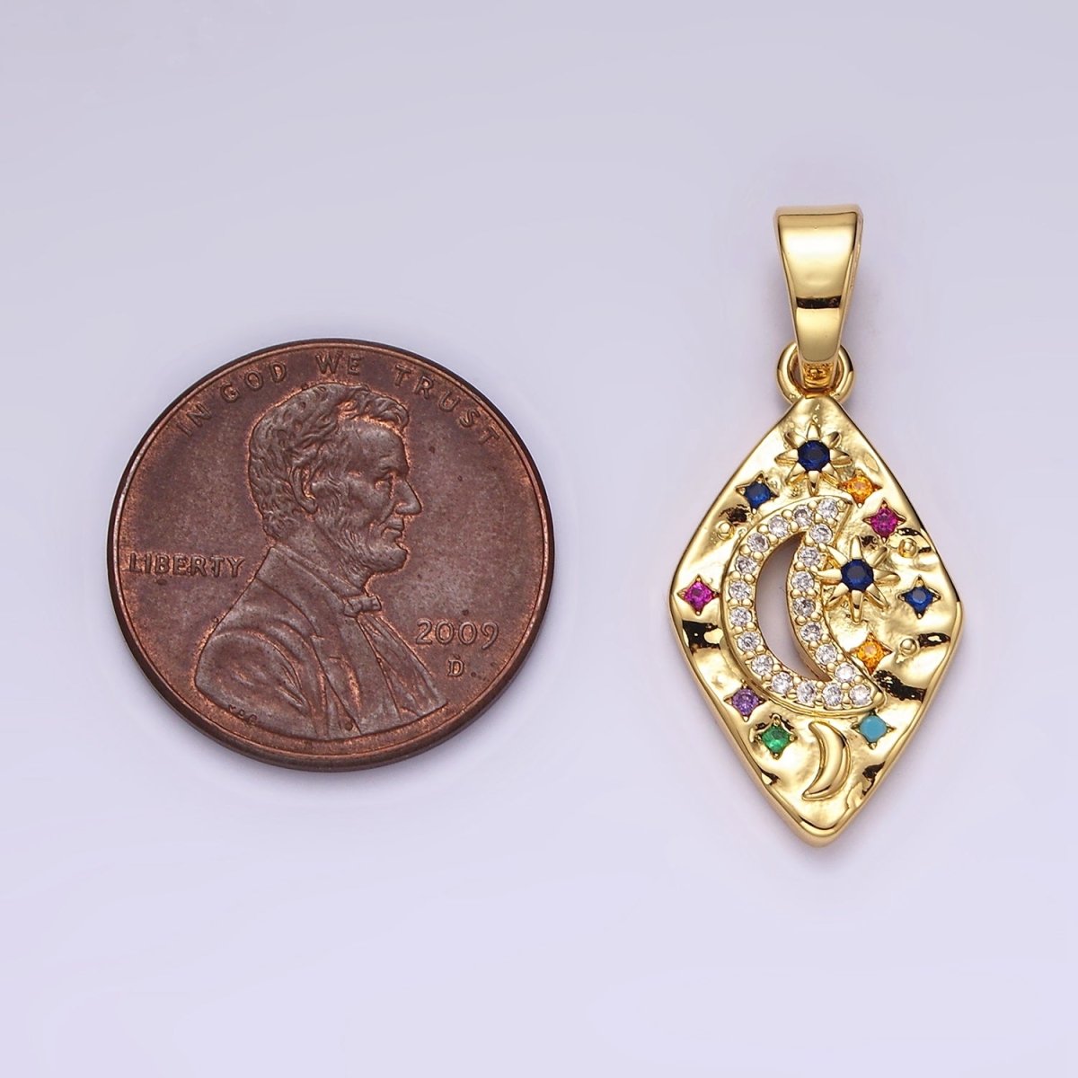 14K Gold Filled Celestial Crescent Moon Star Multicolor CZ Open Hammered Rhombus Pendant | AA510