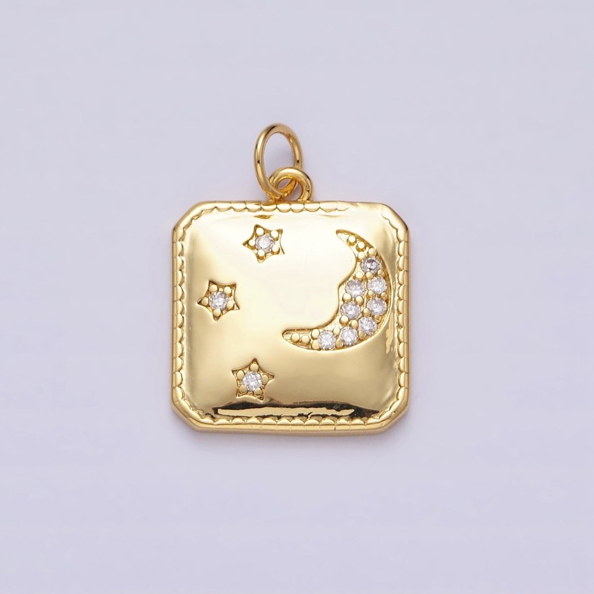 14K Gold Filled Celestial Crescent Moon Triple Stars CZ Micro Paved Hexagonal Square Charm | AC1034