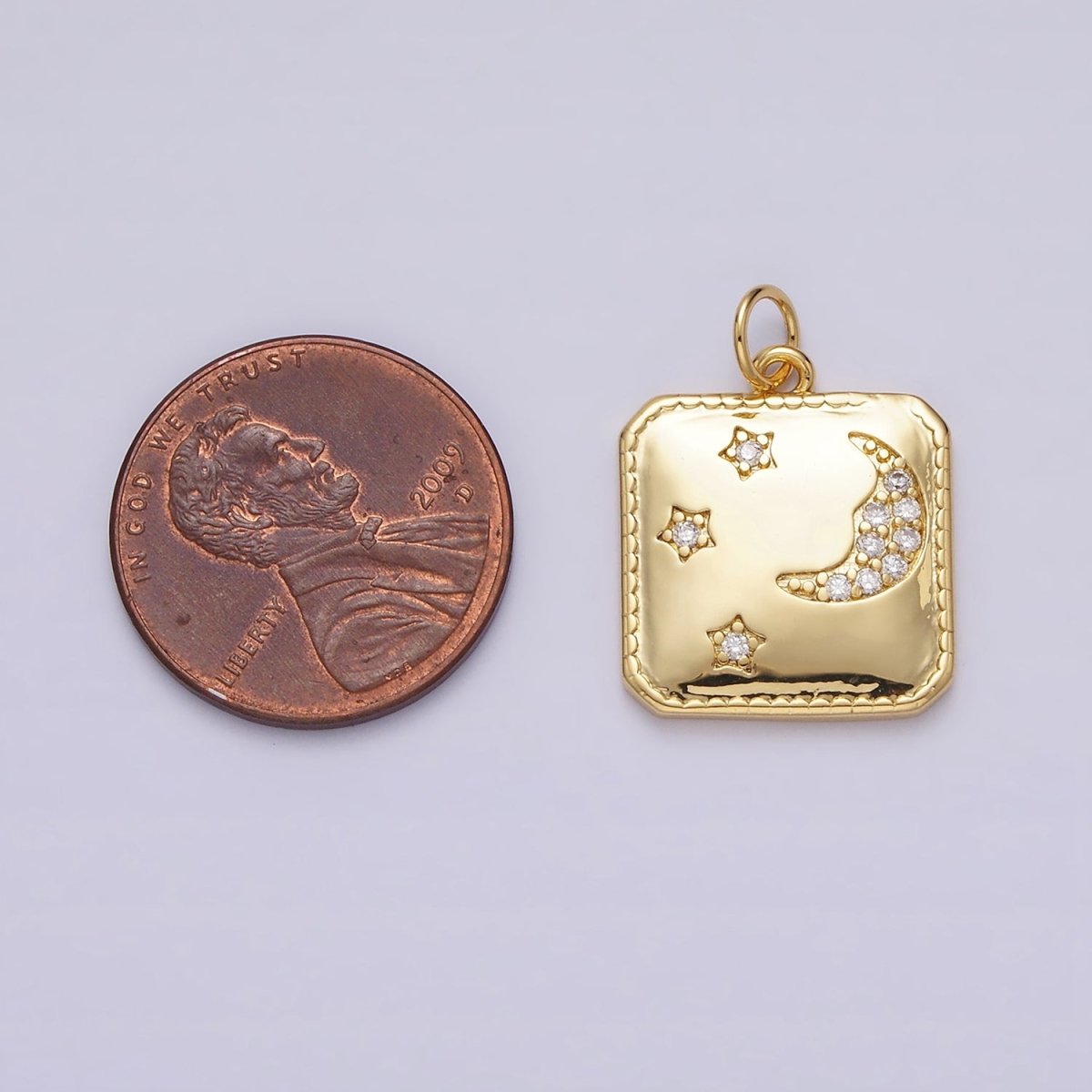 14K Gold Filled Celestial Crescent Moon Triple Stars CZ Micro Paved Hexagonal Square Charm | AC1034