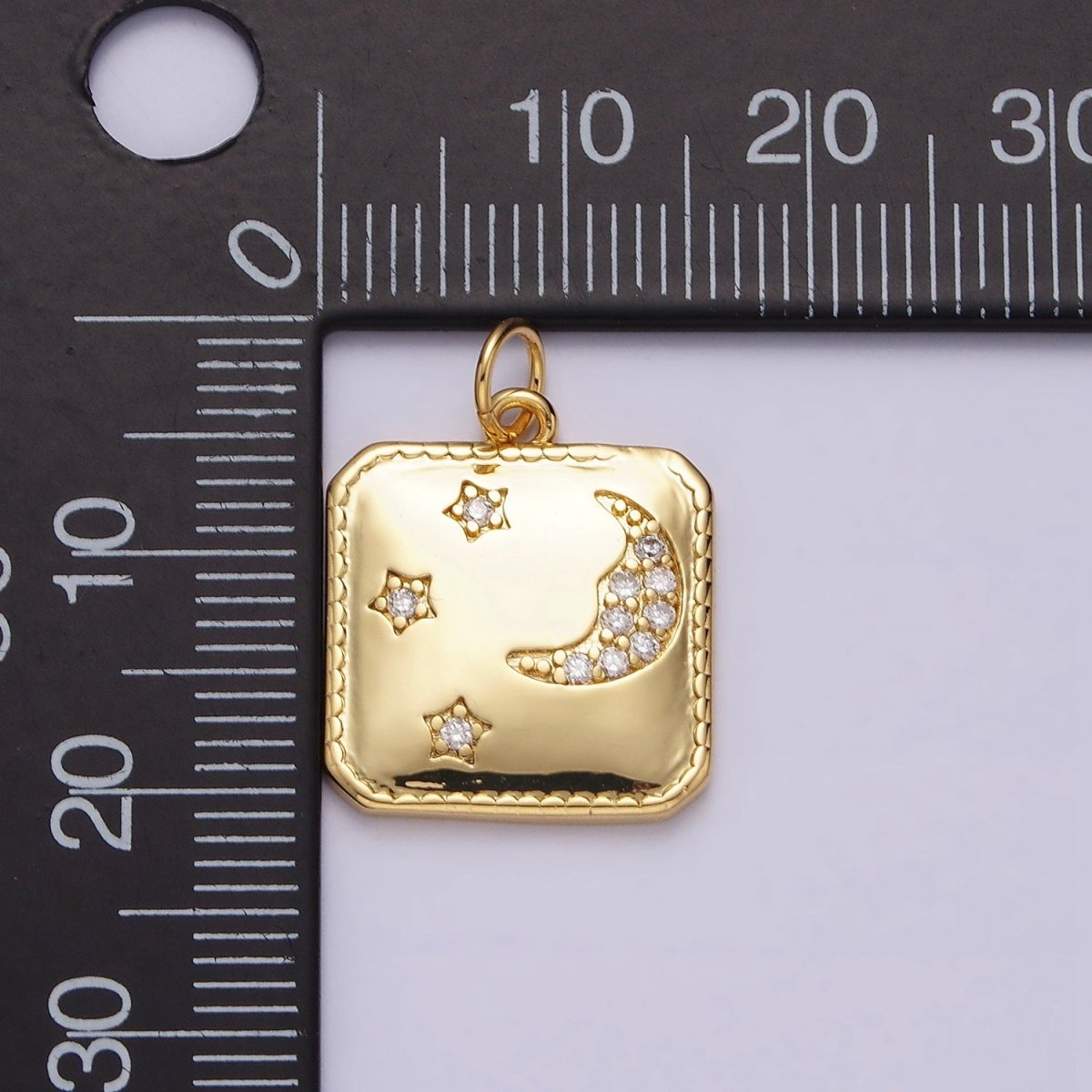 14K Gold Filled Celestial Crescent Moon Triple Stars CZ Micro Paved Hexagonal Square Charm | AC1034