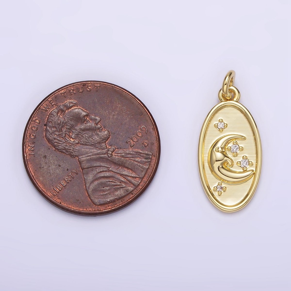 14K Gold Filled Celestial Crescent Stars CZ Oval Charm | AG300
