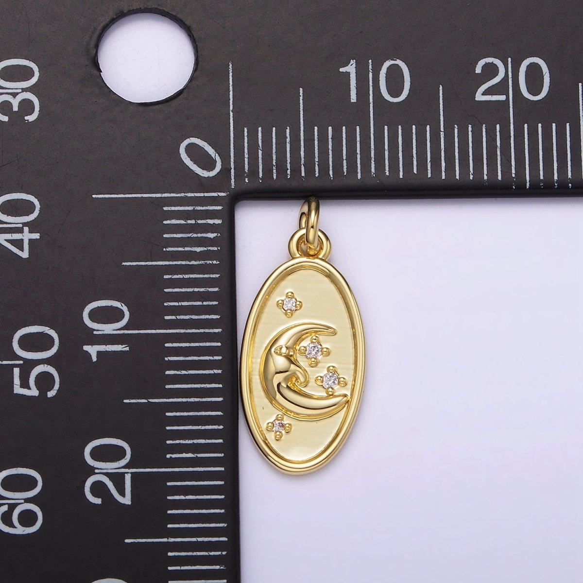 14K Gold Filled Celestial Crescent Stars CZ Oval Charm | AG300