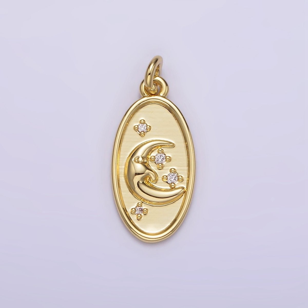 14K Gold Filled Celestial Crescent Stars CZ Oval Charm | AG300