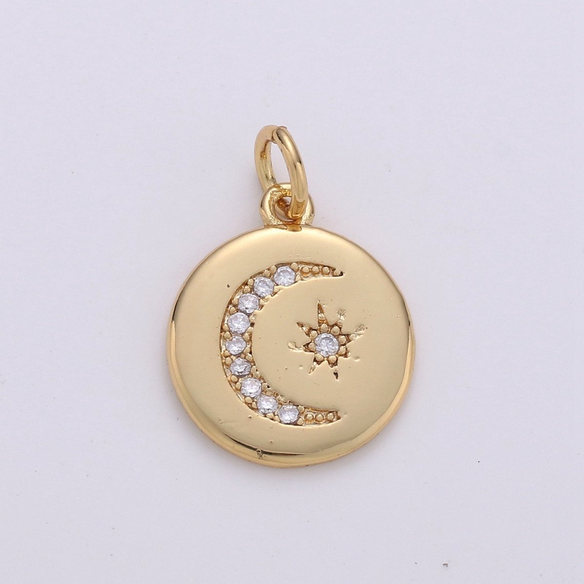 14k Gold Filled Celestial Disc Pendant Micro Pave Moon Pendant Star Charm for Necklace Bracelet Component D-104