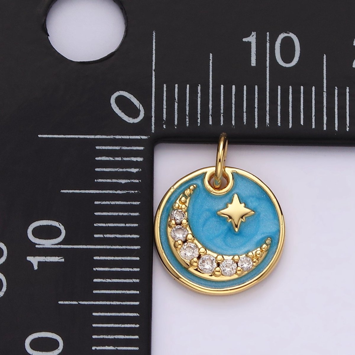 14K Gold Filled Celestial North Star Crescent Moon Micro Paved CZ Blue Sparkly Round Charm | AC784