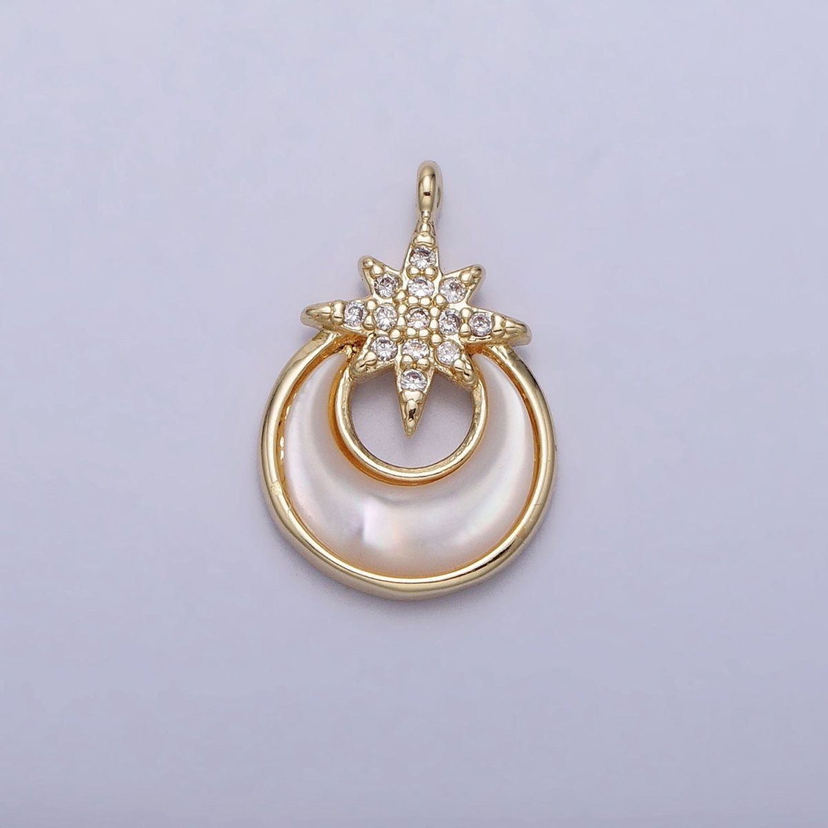 14K Gold Filled Celestial North Star Crescent Moon Shell Pearl Charm | AC1049
