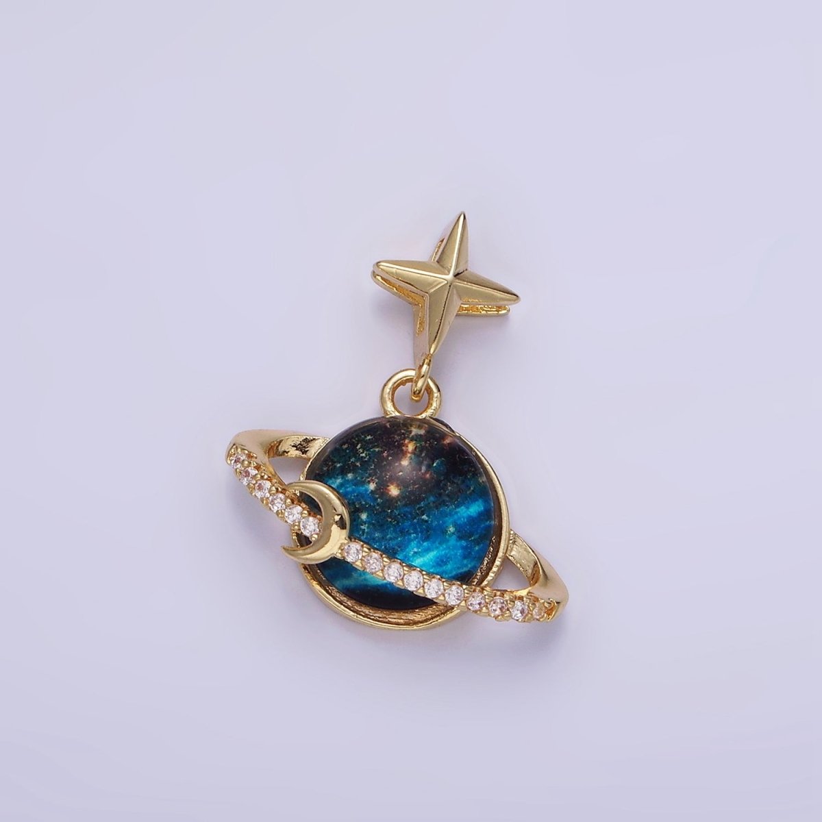 14K Gold Filled Celestial Saturn Planet Micro Paved CZ Star Bail Pendant | AA1186