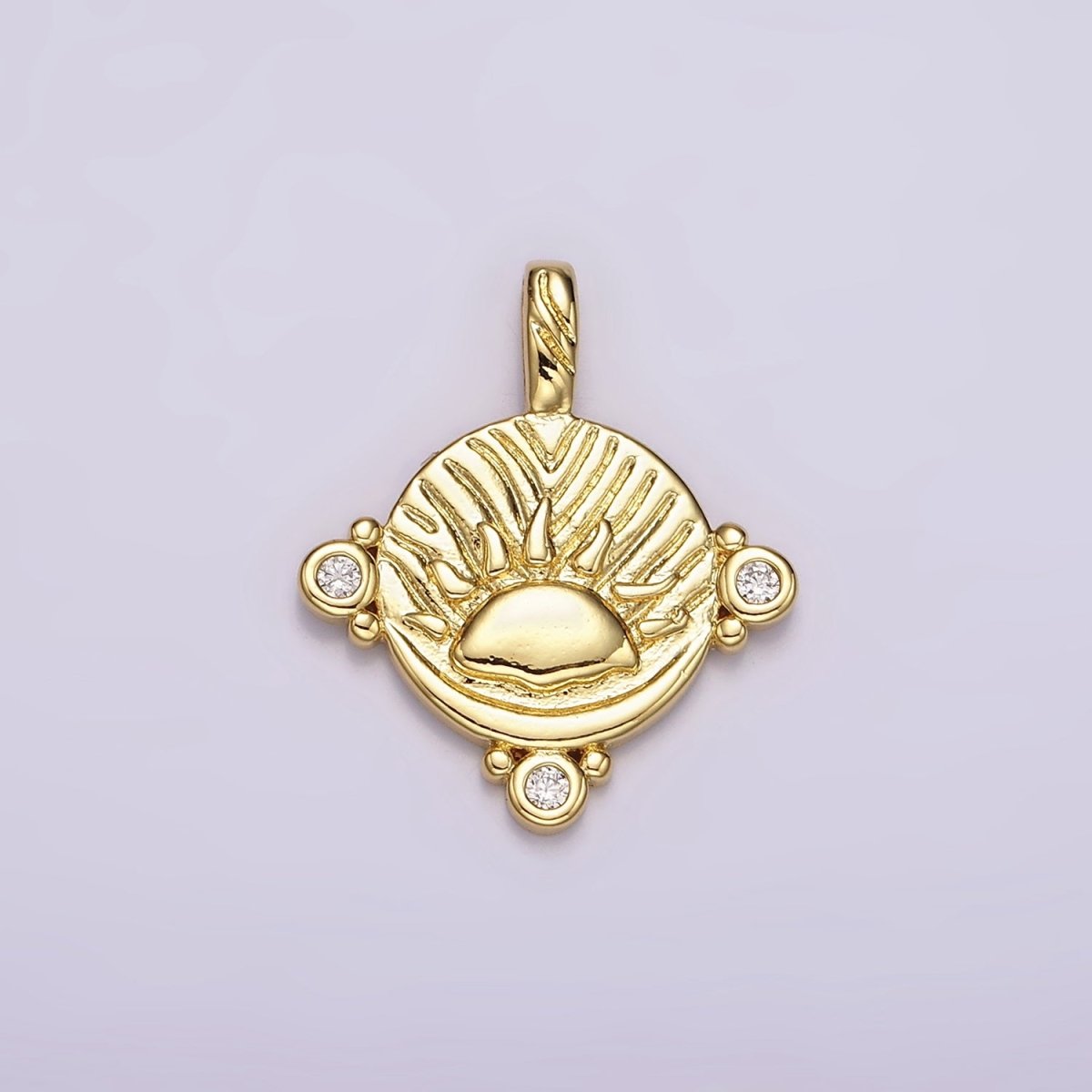 14K Gold Filled Celestial Sea Ocean Sun Rise Set CZ Dotted Round Pendant | AH111