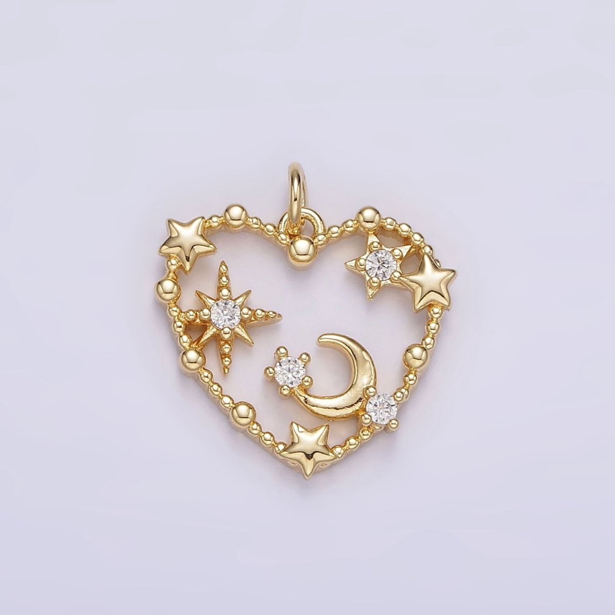 14K Gold Filled Celestial Star Crescent Moon CZ Dotted Open Heart Charm | AG419