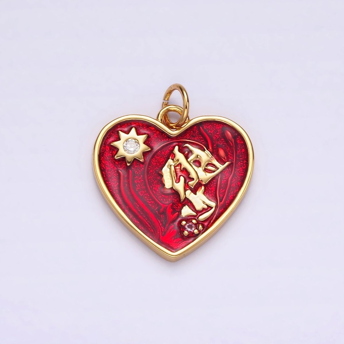 14K Gold Filled Celestial Sun CZ Abstract Red Heart Charm | AG401