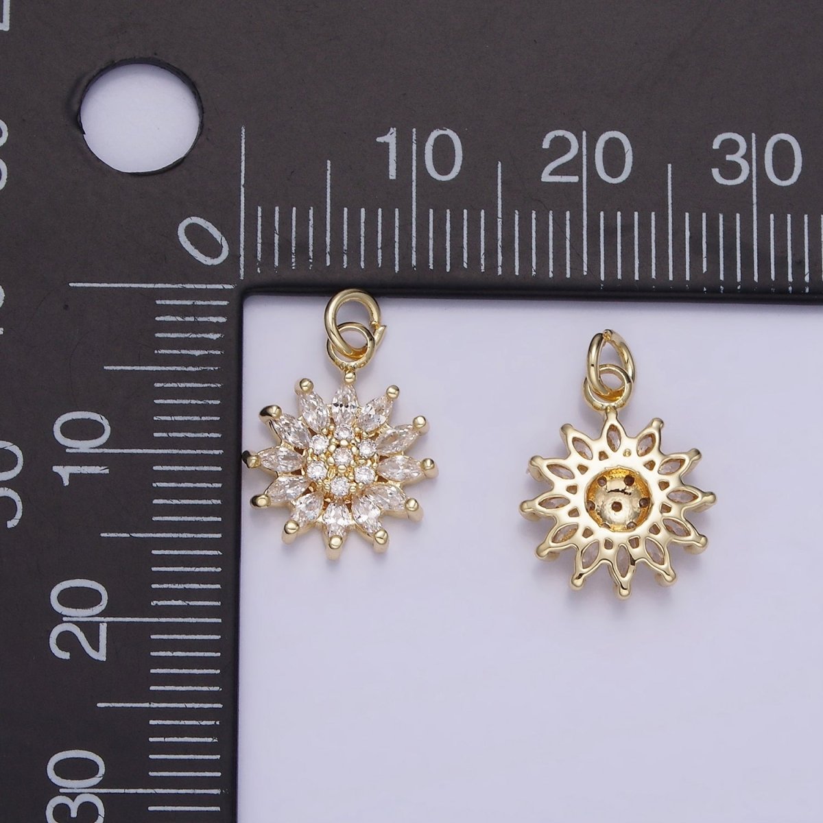14K Gold Filled Celestial Sun Flower Marquise Petal Micro Paved Charm | AG722