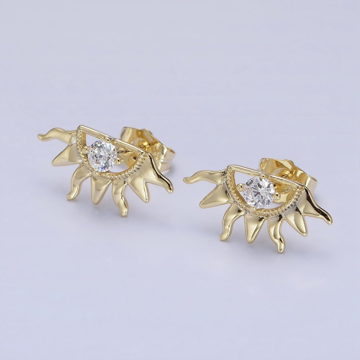 14K Gold Filled Celestial Sun Ray Beam Evil Eye Clear CZ Stud Earrings | AD1386