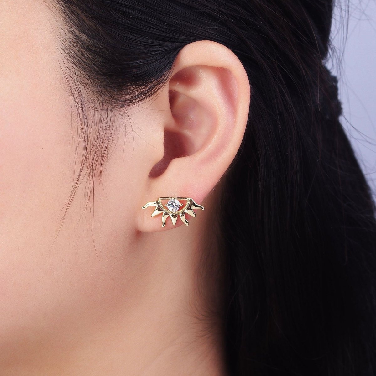 14K Gold Filled Celestial Sun Ray Beam Evil Eye Clear CZ Stud Earrings | AD1386