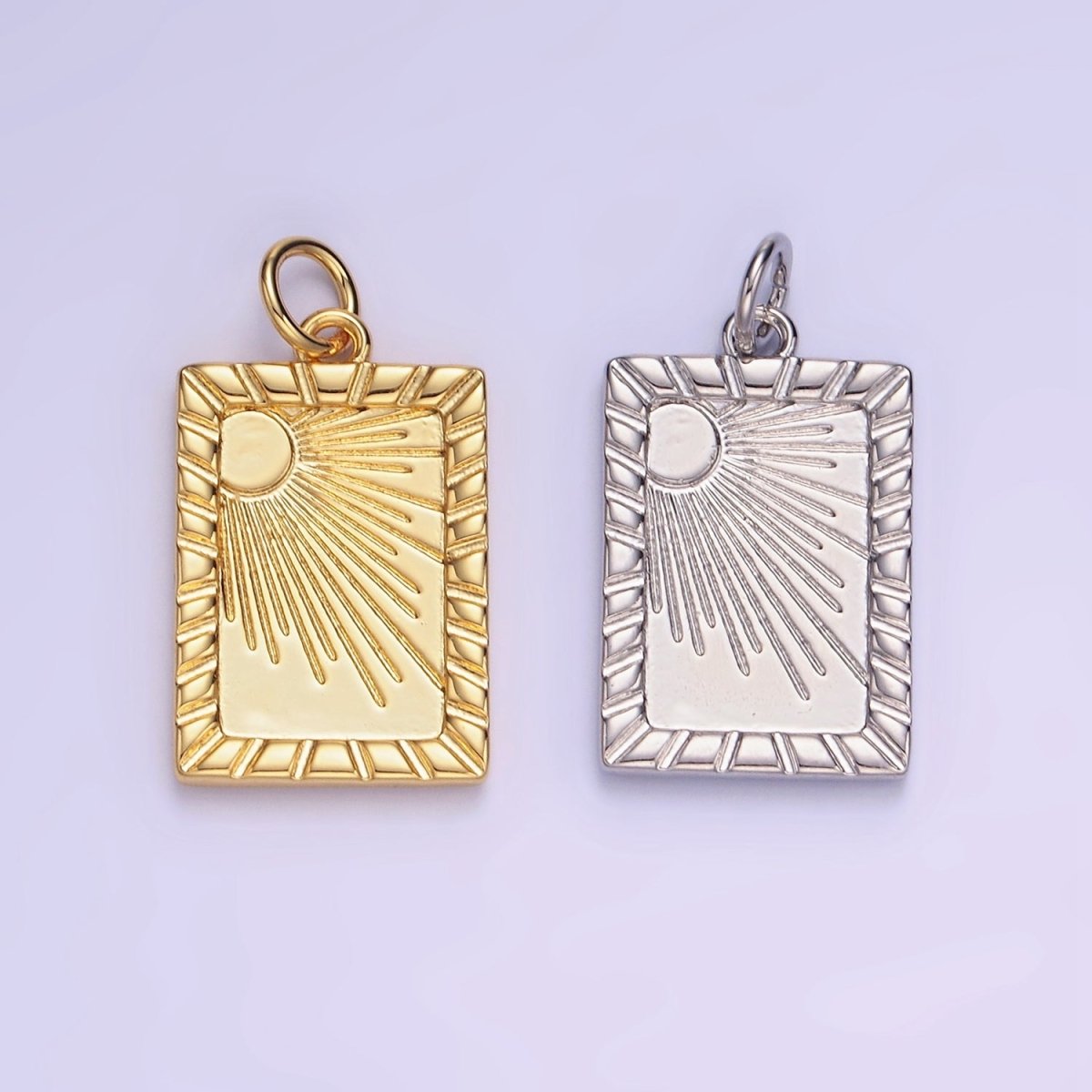 14K Gold Filled Celestial Sun Ray Lined Tag Charm in Gold & Silver | W563