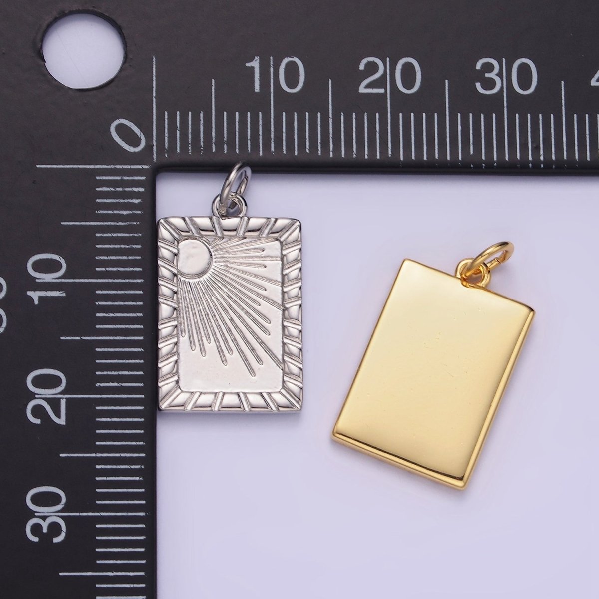 14K Gold Filled Celestial Sun Ray Lined Tag Charm in Gold & Silver | W563