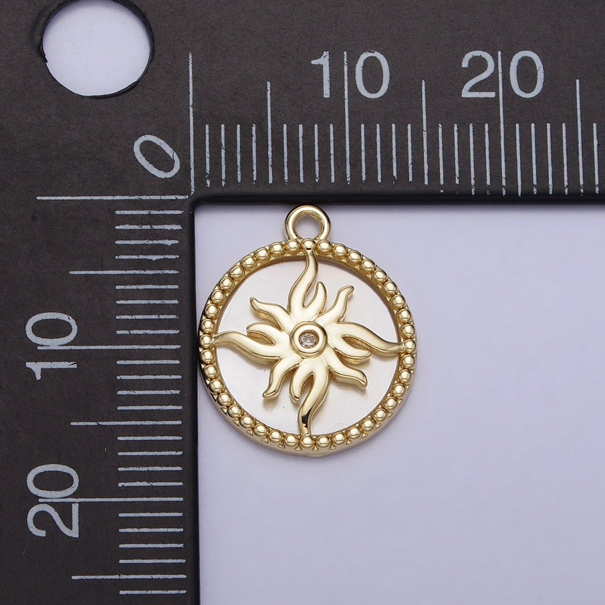 14K Gold Filled Celestial Sun Shell Pearl Clear CZ Beaded Round Charm | AC1056