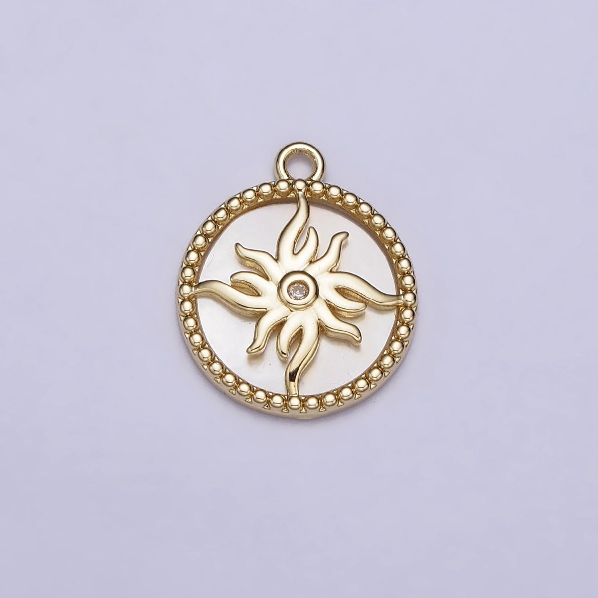 14K Gold Filled Celestial Sun Shell Pearl Clear CZ Beaded Round Charm | AC1056
