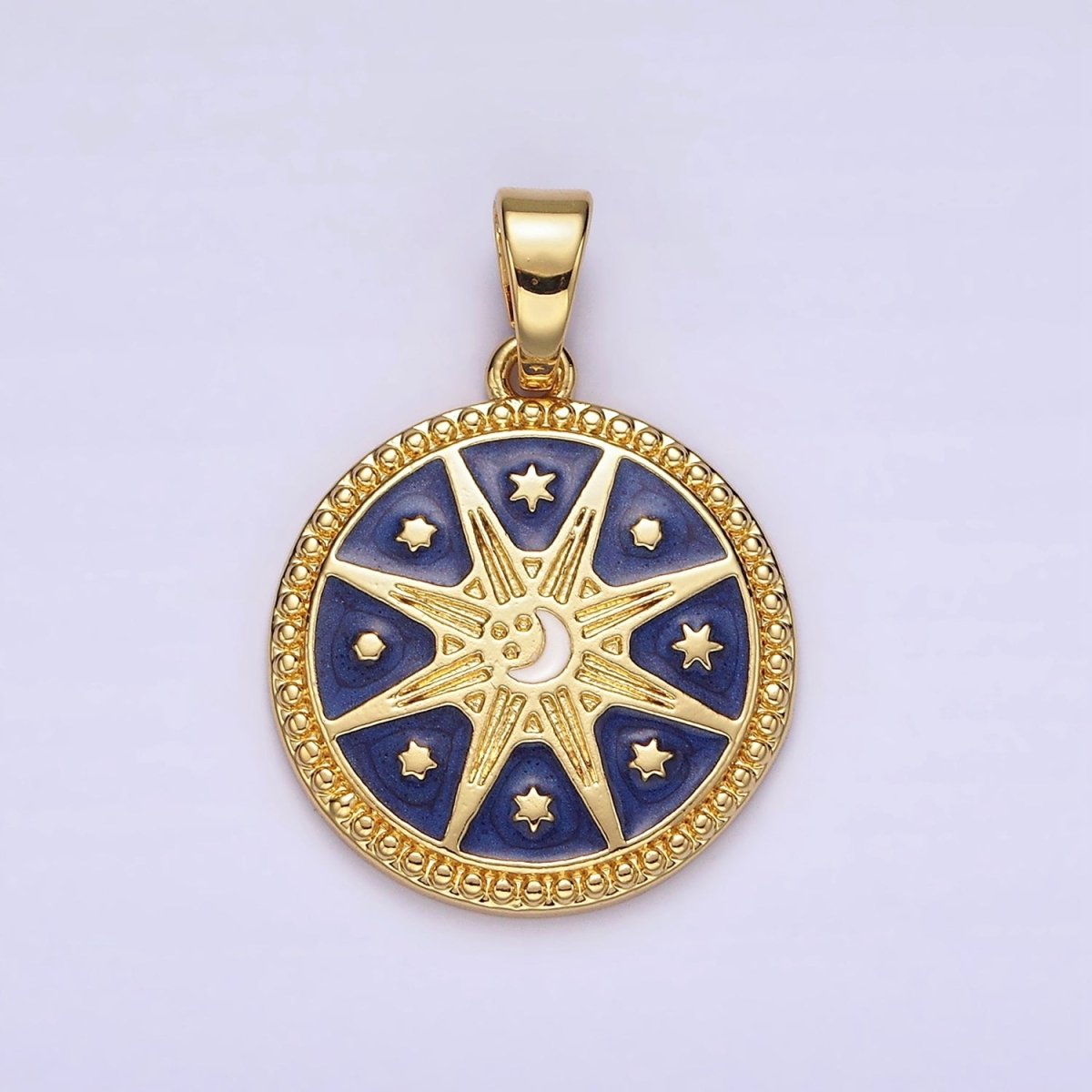 14K Gold Filled Celestial Sun Star Crescent Moon Blue Dotted Outline Round Pendant | AH050