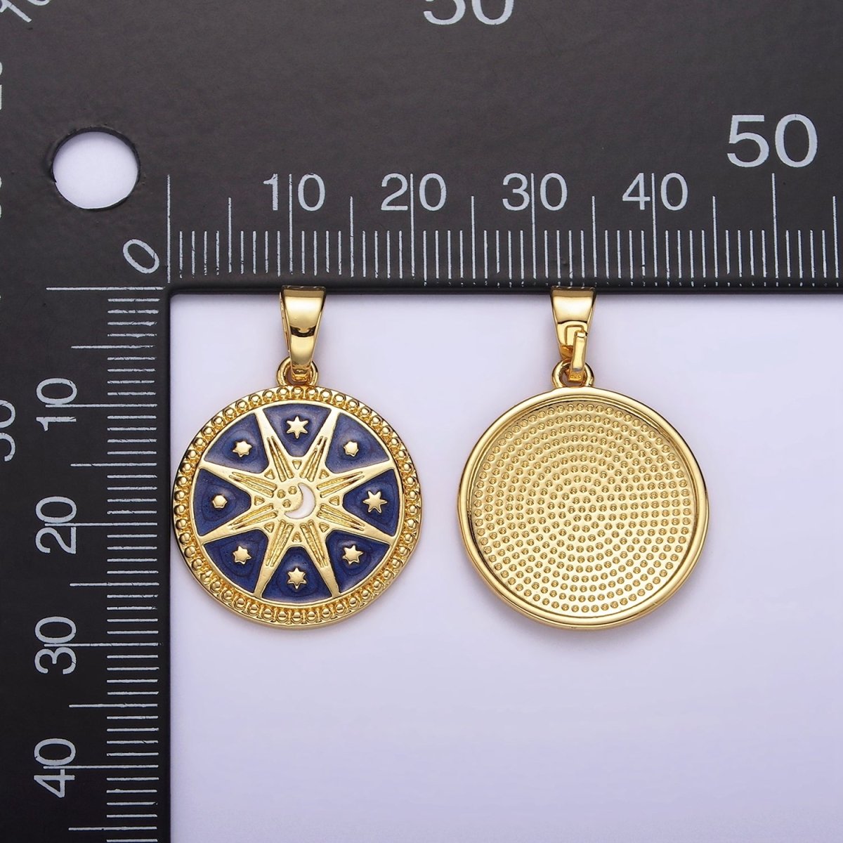 14K Gold Filled Celestial Sun Star Crescent Moon Blue Dotted Outline Round Pendant | AH050