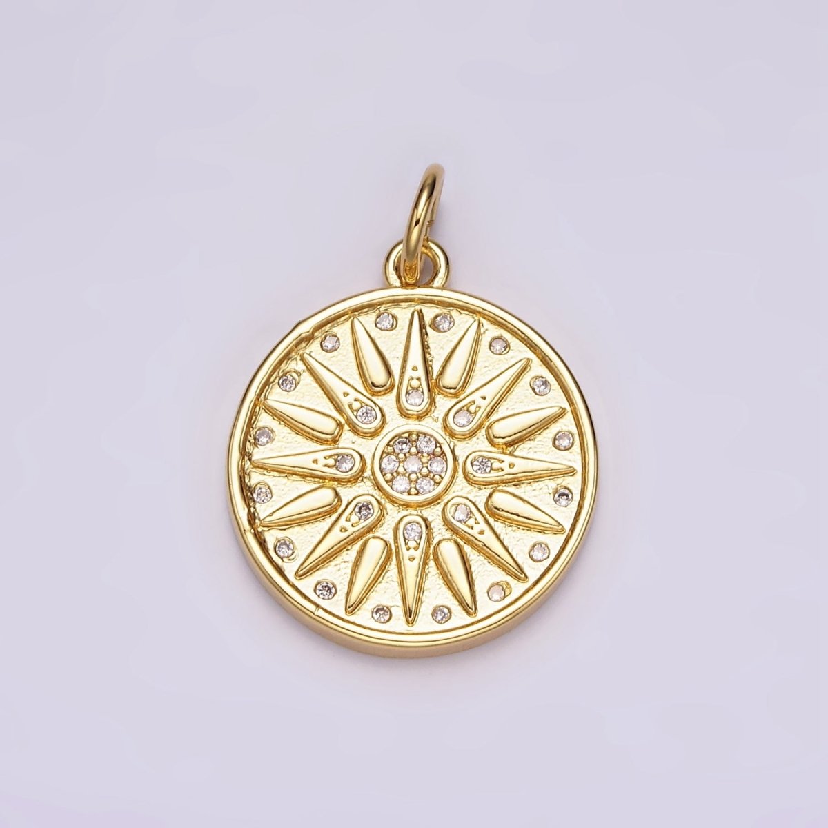 14K Gold Filled Celestial Sun Star Ray CZ Dotted Round Charm | AG583