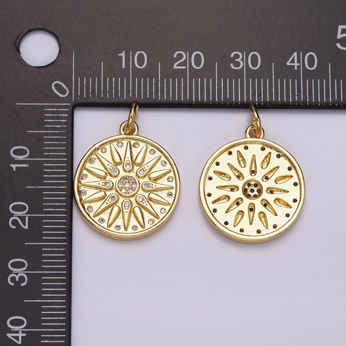 14K Gold Filled Celestial Sun Star Ray CZ Dotted Round Charm | AG583
