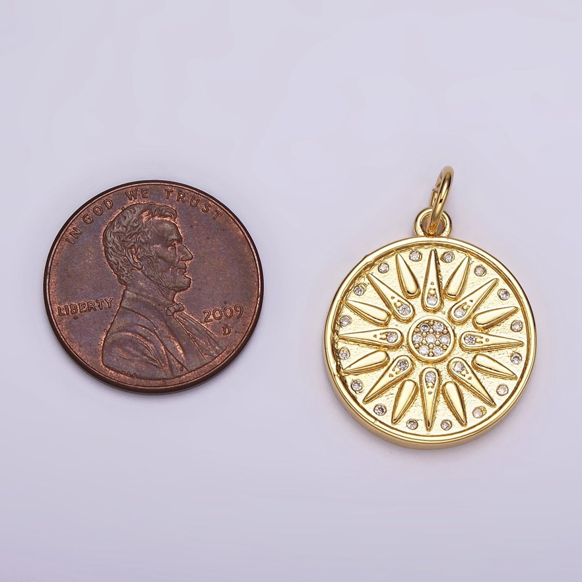 14K Gold Filled Celestial Sun Star Ray CZ Dotted Round Charm | AG583