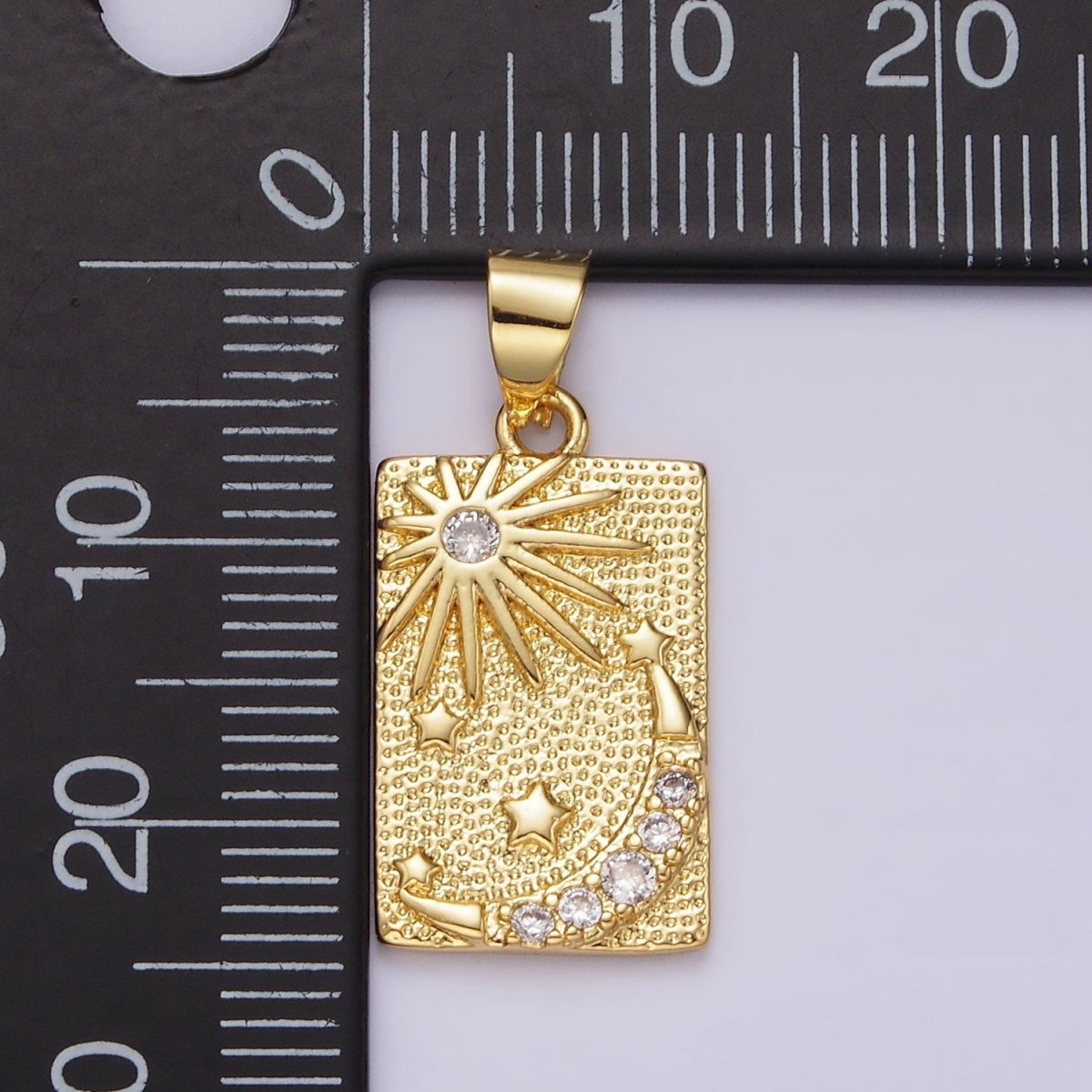 14K Gold Filled Celestial Sun Stars Crescent Moon CZ Micro Paved Dotted Rectangular Tag Pendant | N1921