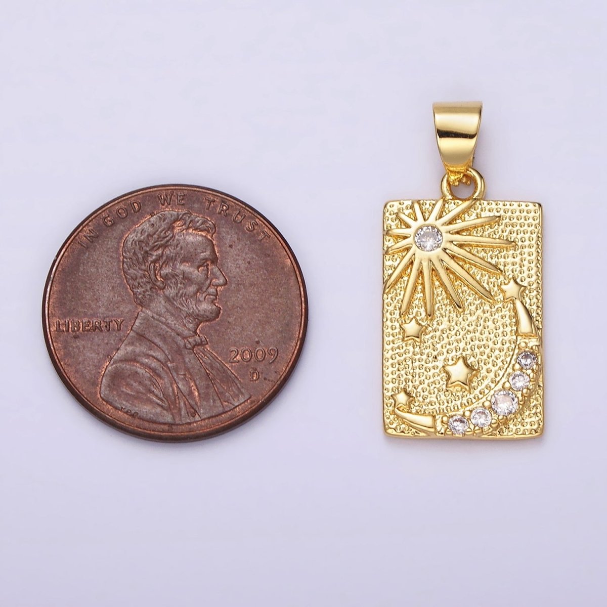 14K Gold Filled Celestial Sun Stars Crescent Moon CZ Micro Paved Dotted Rectangular Tag Pendant | N1921