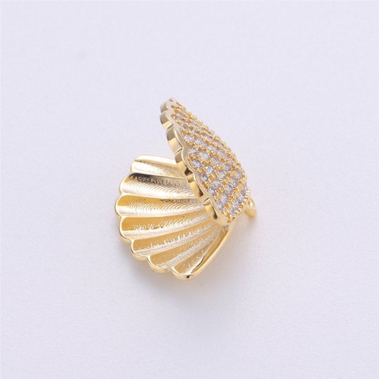 14k Gold Filled Charm Clam Shell, 15mm, Micro Pave Shell Charm Open Clam Shell PendantC-472