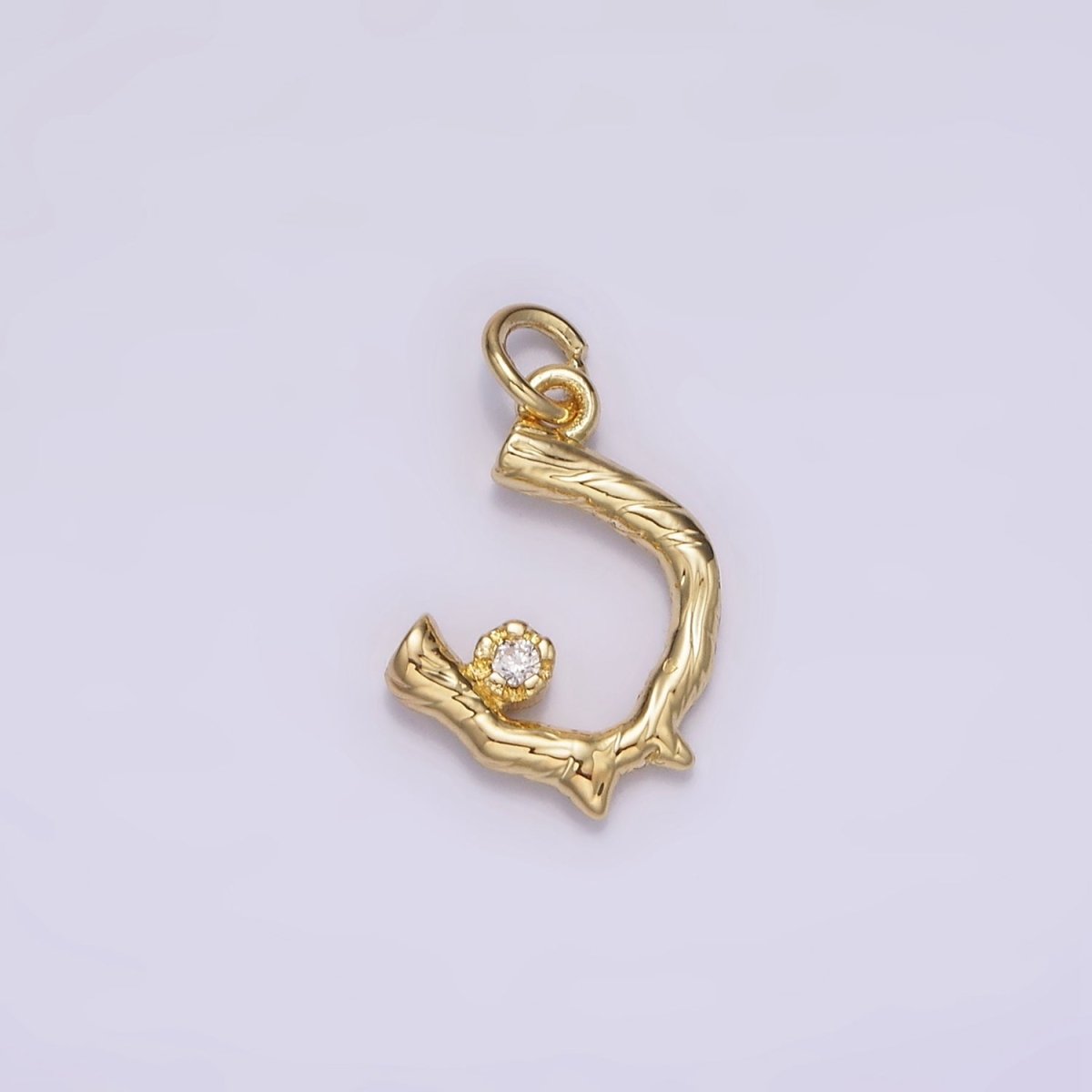 14K Gold Filled Cherry Blossom Flower Clear CZ Textured "U" Wood Branch Sakura Tree Charm | AG197