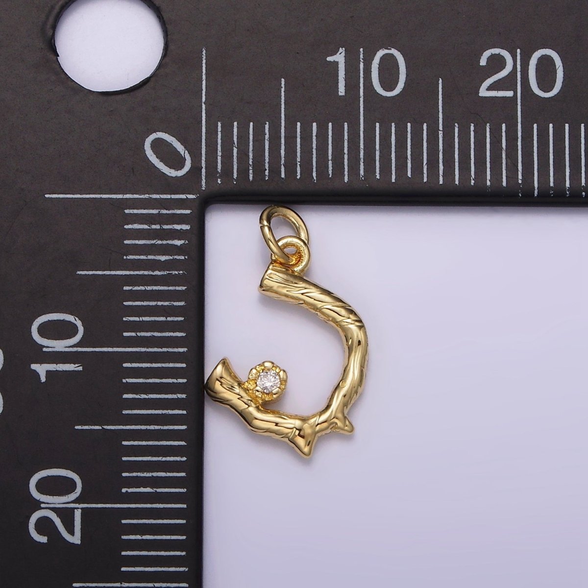 14K Gold Filled Cherry Blossom Flower Clear CZ Textured "U" Wood Branch Sakura Tree Charm | AG197