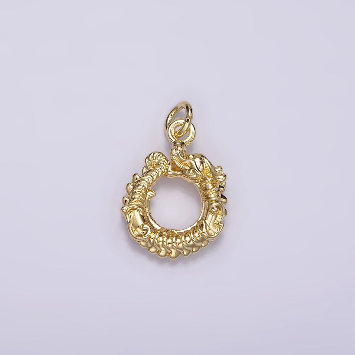 14K Gold Filled Circular Dragon Animal Textured Open Round Minimalist Charm | AG413