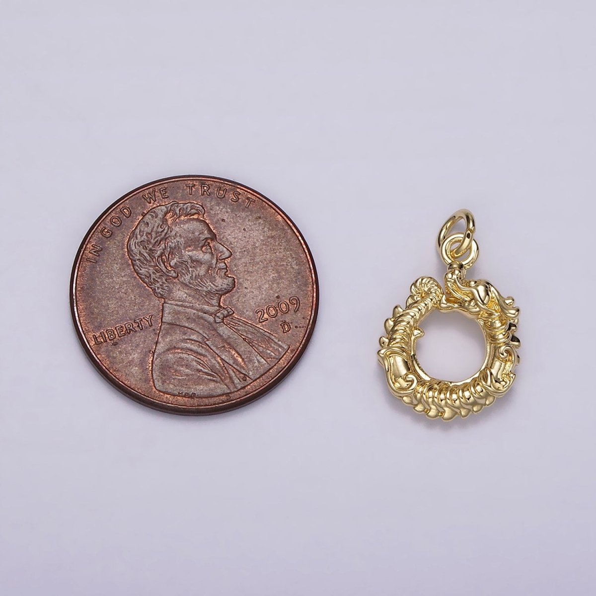 14K Gold Filled Circular Dragon Animal Textured Open Round Minimalist Charm | AG413