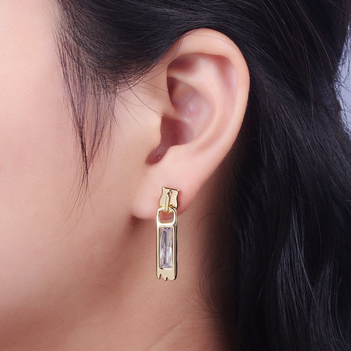 14K Gold Filled Clear Baguette Bar Drop Dangle Stud Earrings | AD-285