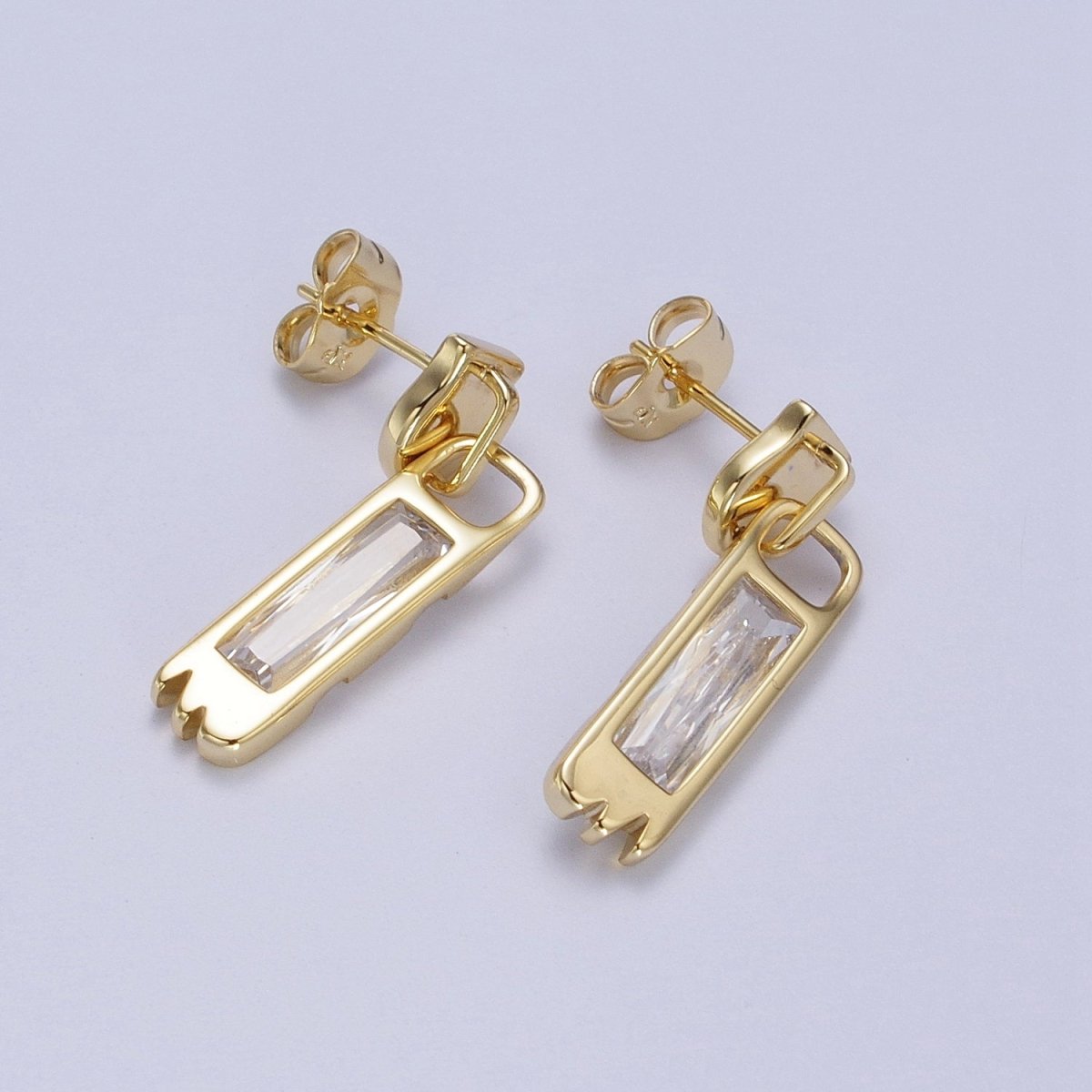 14K Gold Filled Clear Baguette Bar Drop Dangle Stud Earrings | AD-285