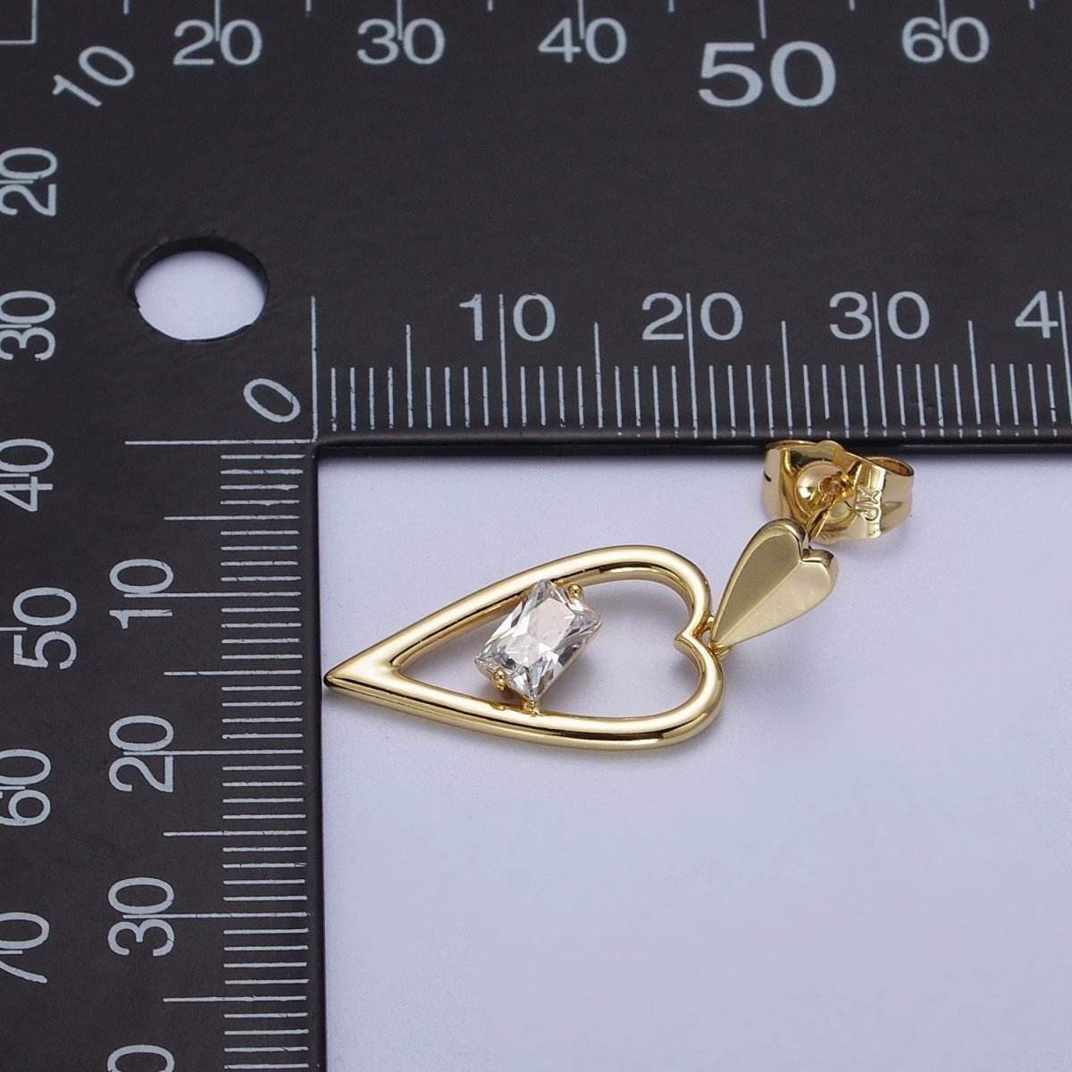 14K Gold Filled Clear Baguette CZ Heart Drop Dangle Stud Earrings | V-006