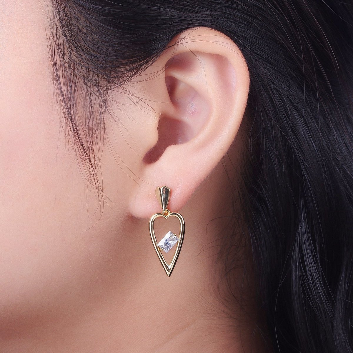 14K Gold Filled Clear Baguette CZ Heart Drop Dangle Stud Earrings | V-006