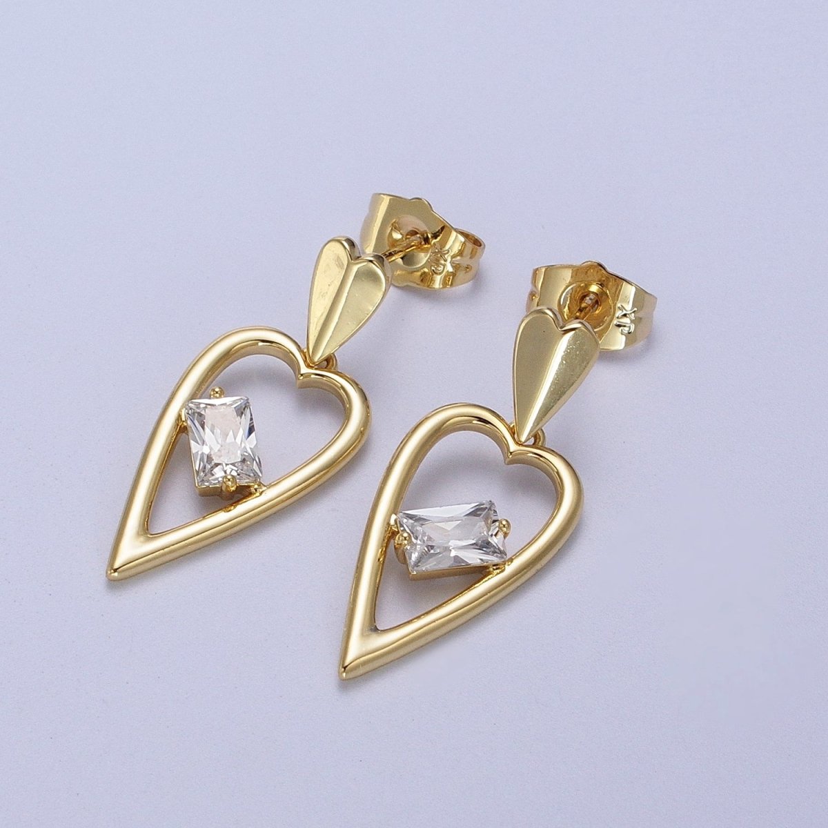 14K Gold Filled Clear Baguette CZ Heart Drop Dangle Stud Earrings | V-006