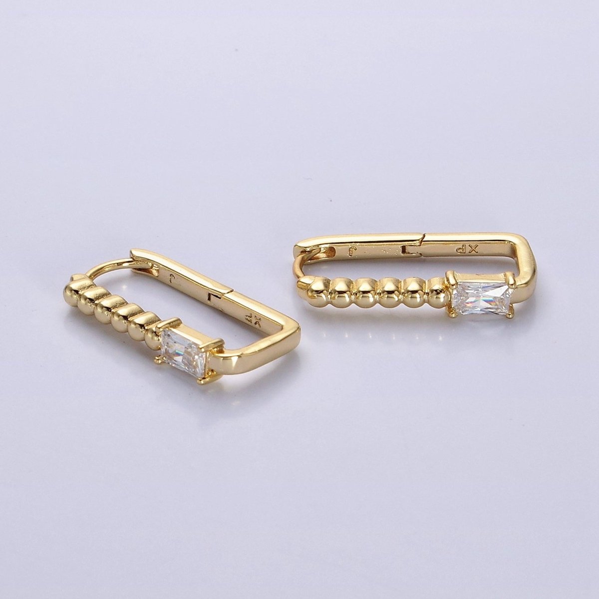 14K Gold Filled Clear Baguette CZ Round Beaded Oblong Hoop Earrings | AE587