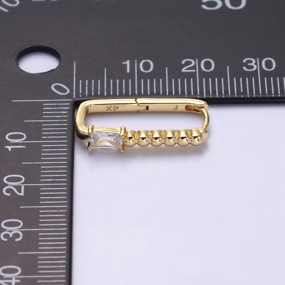 14K Gold Filled Clear Baguette CZ Round Beaded Oblong Hoop Earrings | AE587