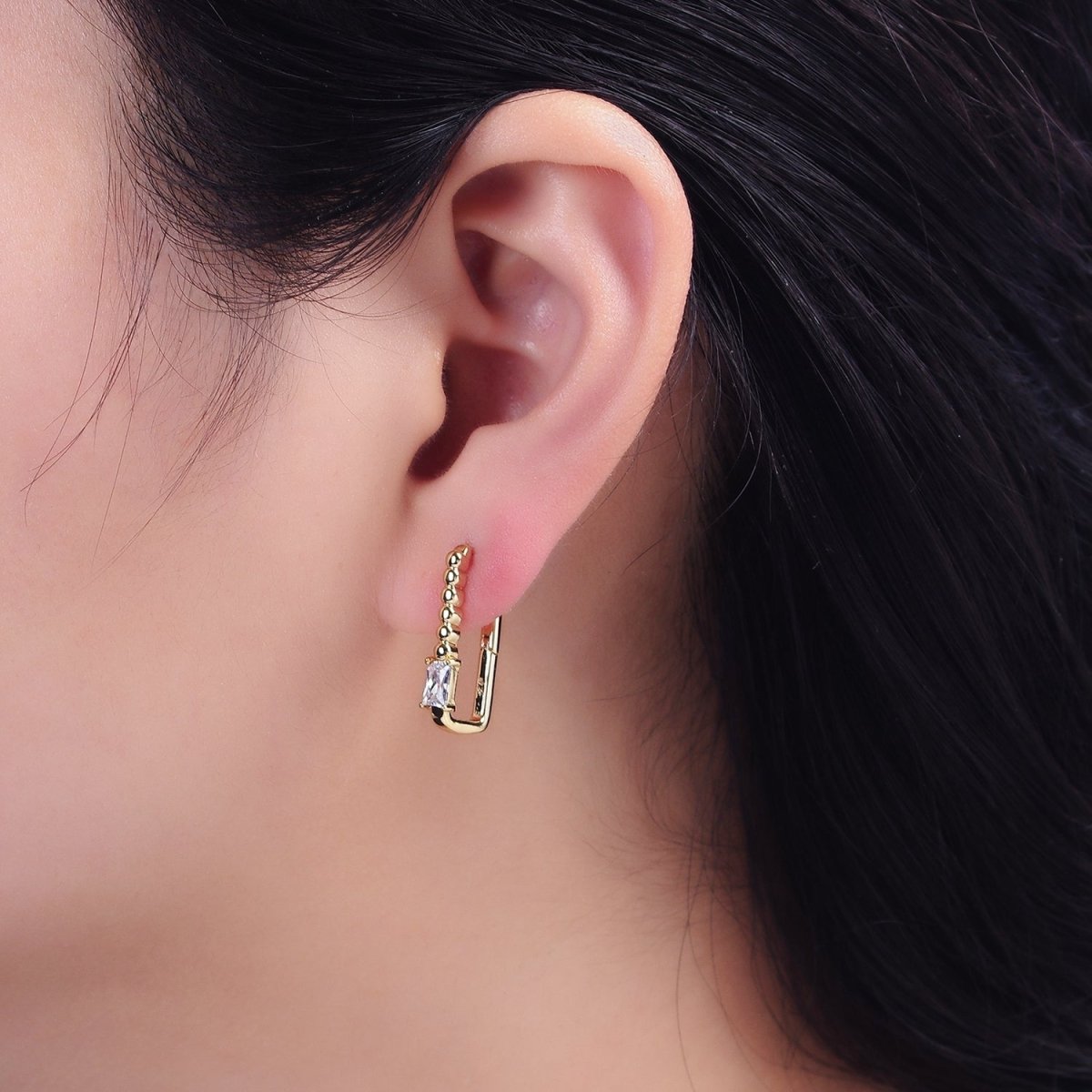 14K Gold Filled Clear Baguette CZ Round Beaded Oblong Hoop Earrings | AE587
