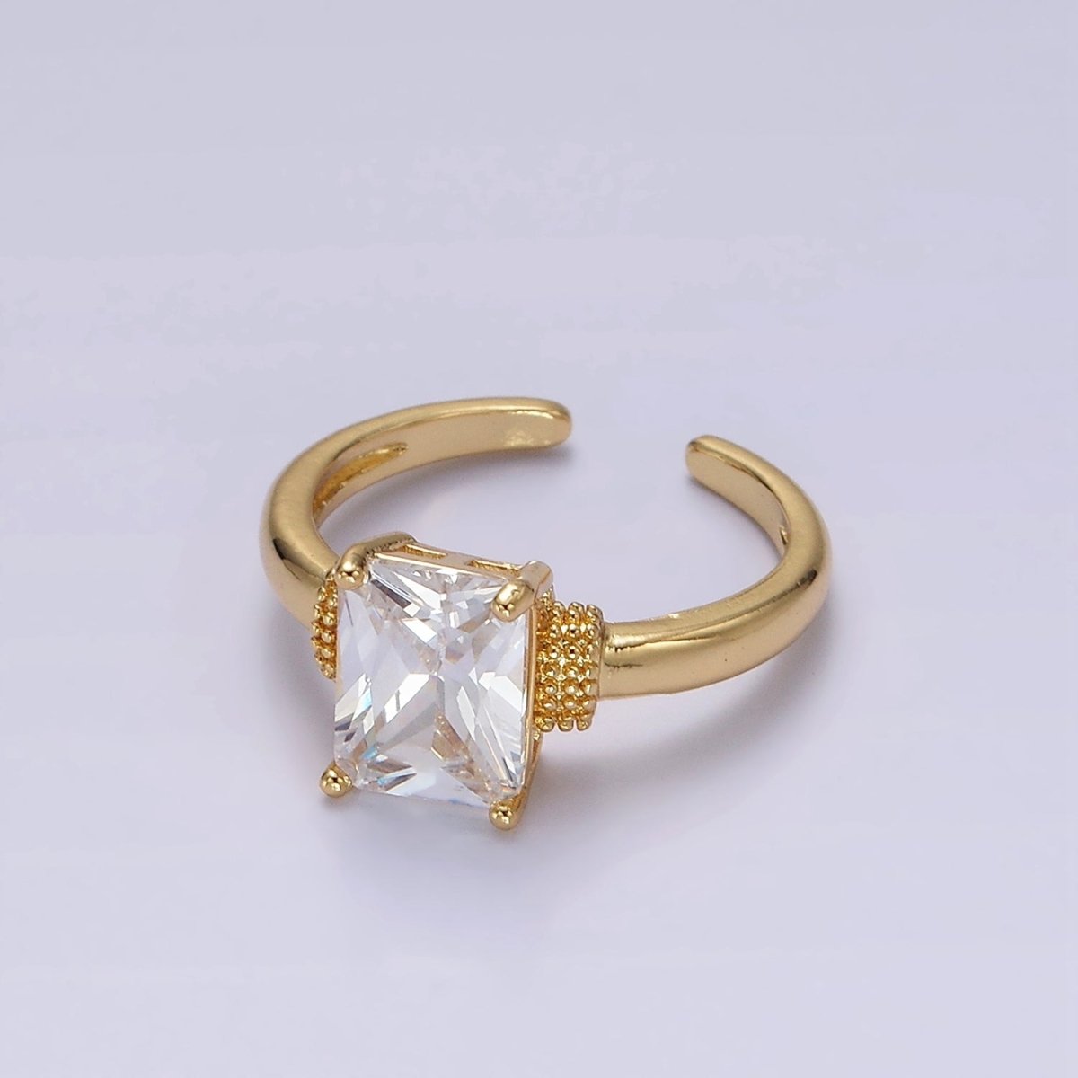 14K Gold Filled Clear Baguette Dotted Band Solitaire Ring | O1073