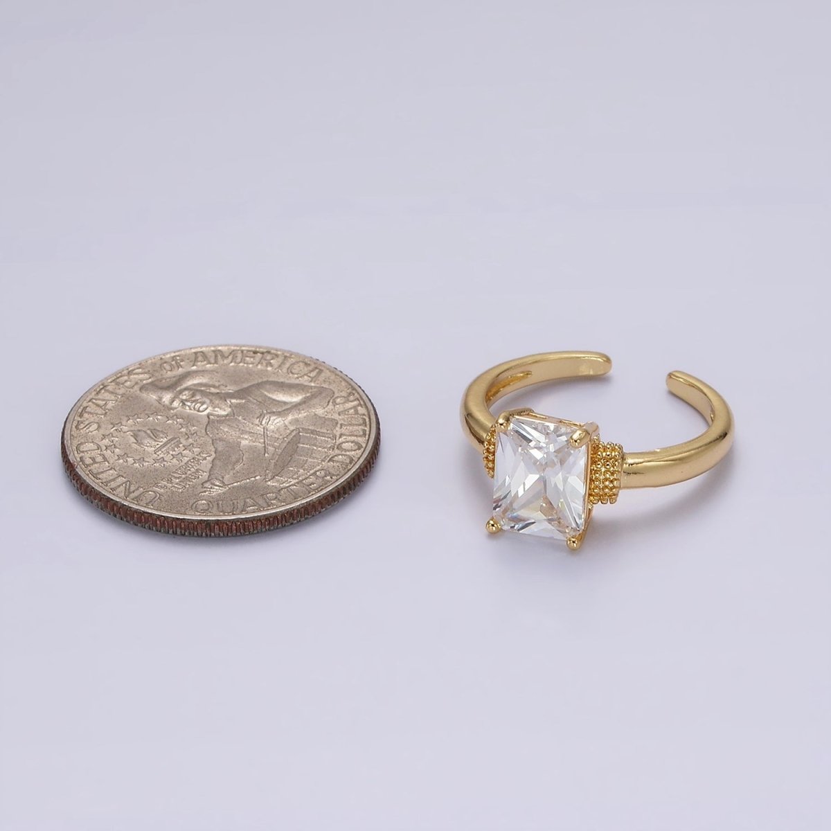 14K Gold Filled Clear Baguette Dotted Band Solitaire Ring | O1073