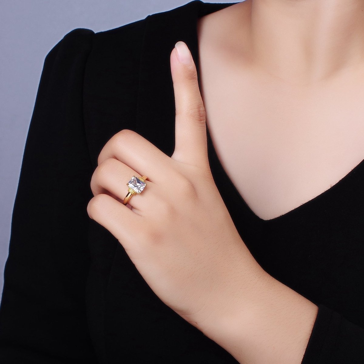 14K Gold Filled Clear Baguette Dotted Band Solitaire Ring | O1073