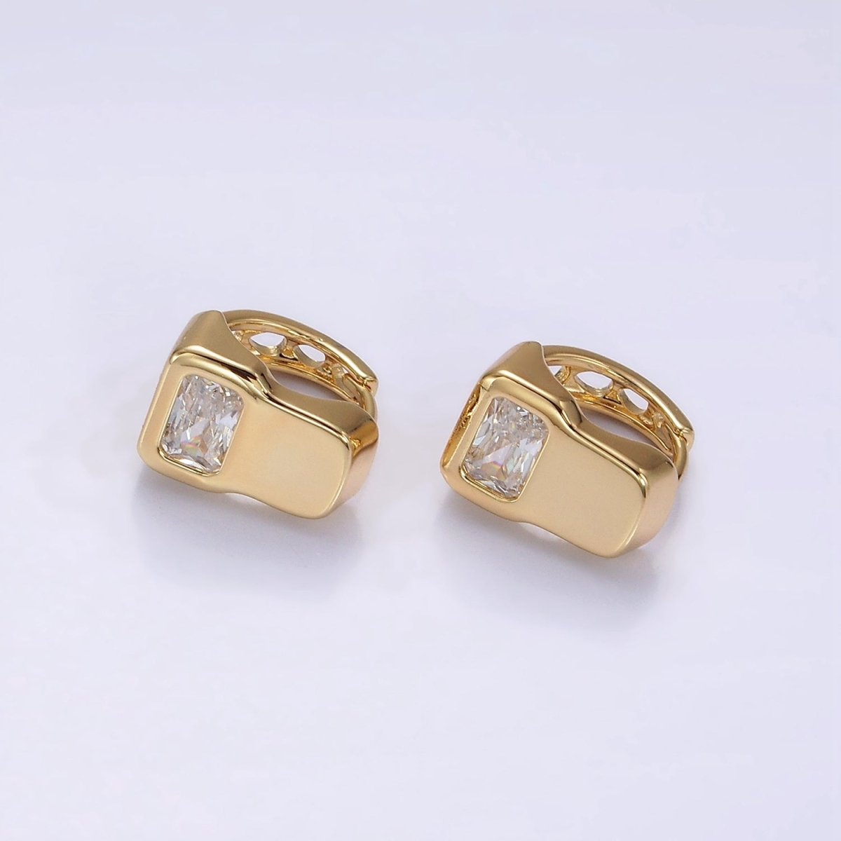 14K Gold Filled Clear Baguette Geometric Wide Rectangular Band Huggie Earrings | AE928