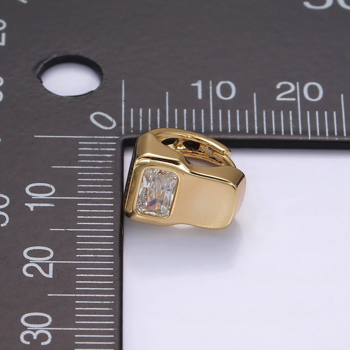 14K Gold Filled Clear Baguette Geometric Wide Rectangular Band Huggie Earrings | AE928