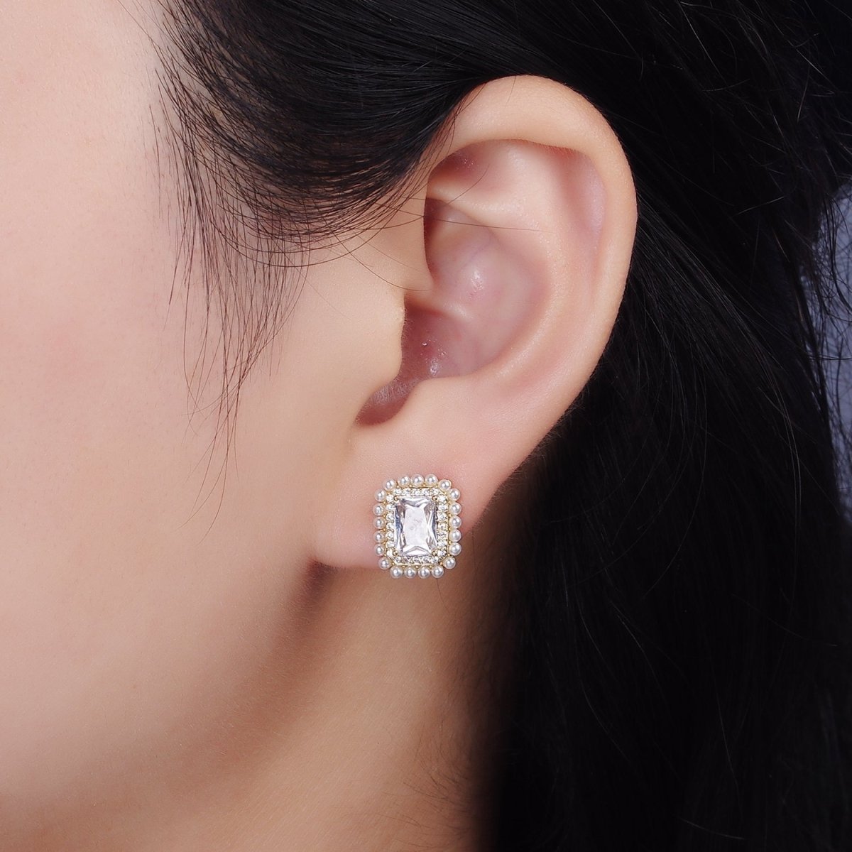 14K Gold Filled Clear Baguette Micro Paved CZ Pearl Lined Stud Earrings | V282