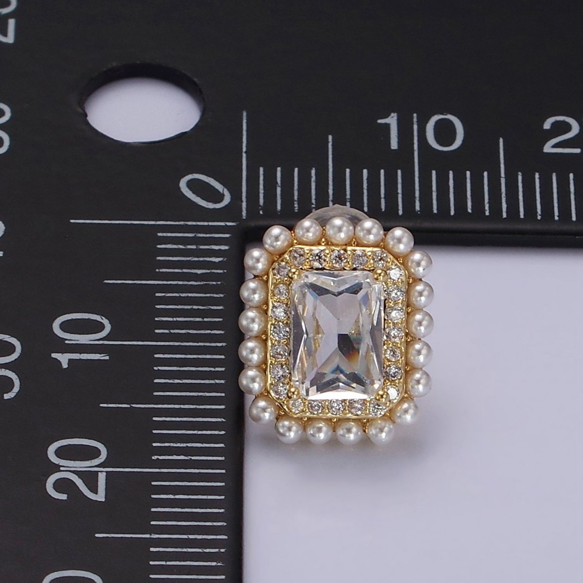 14K Gold Filled Clear Baguette Micro Paved CZ Pearl Lined Stud Earrings | V282