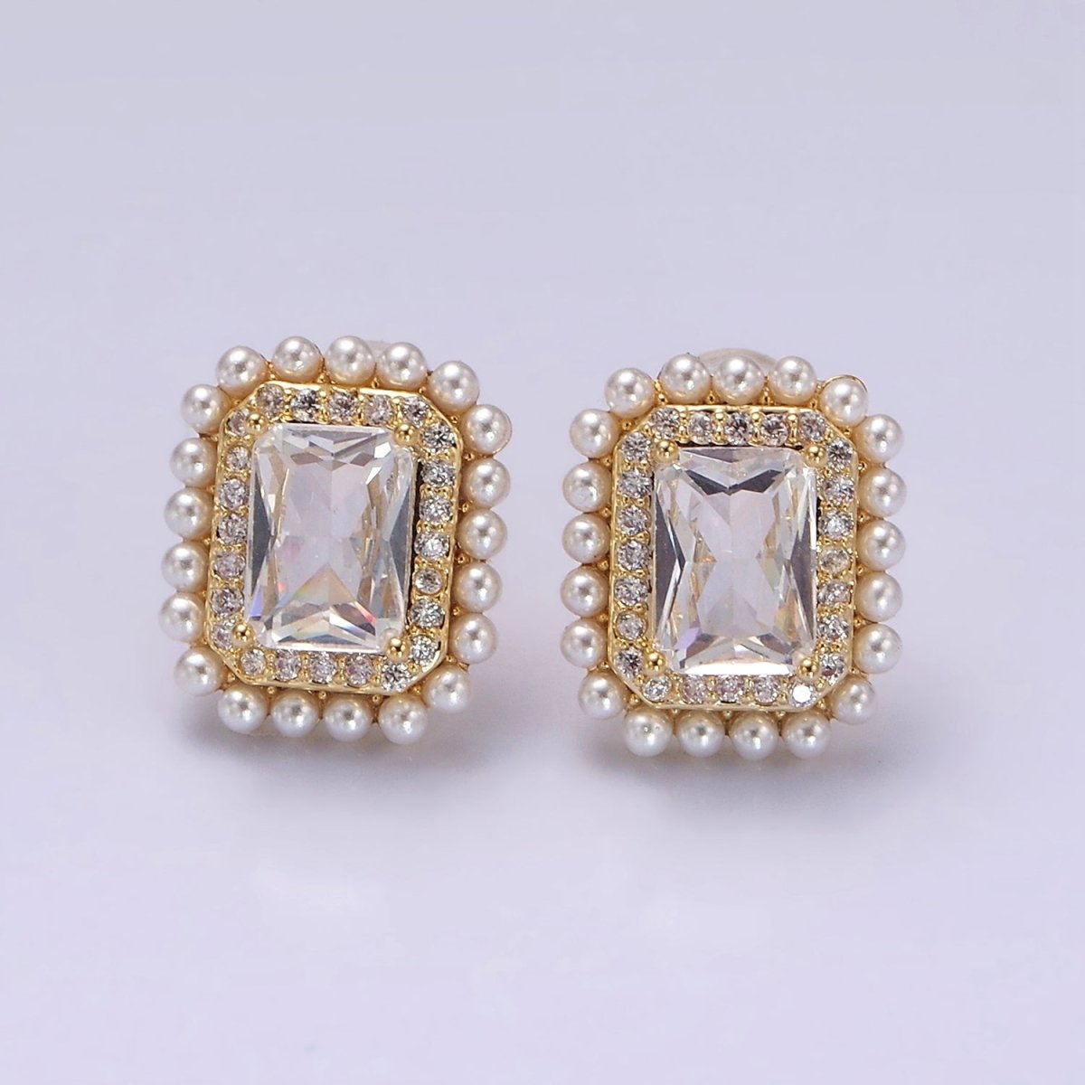 14K Gold Filled Clear Baguette Micro Paved CZ Pearl Lined Stud Earrings | V282