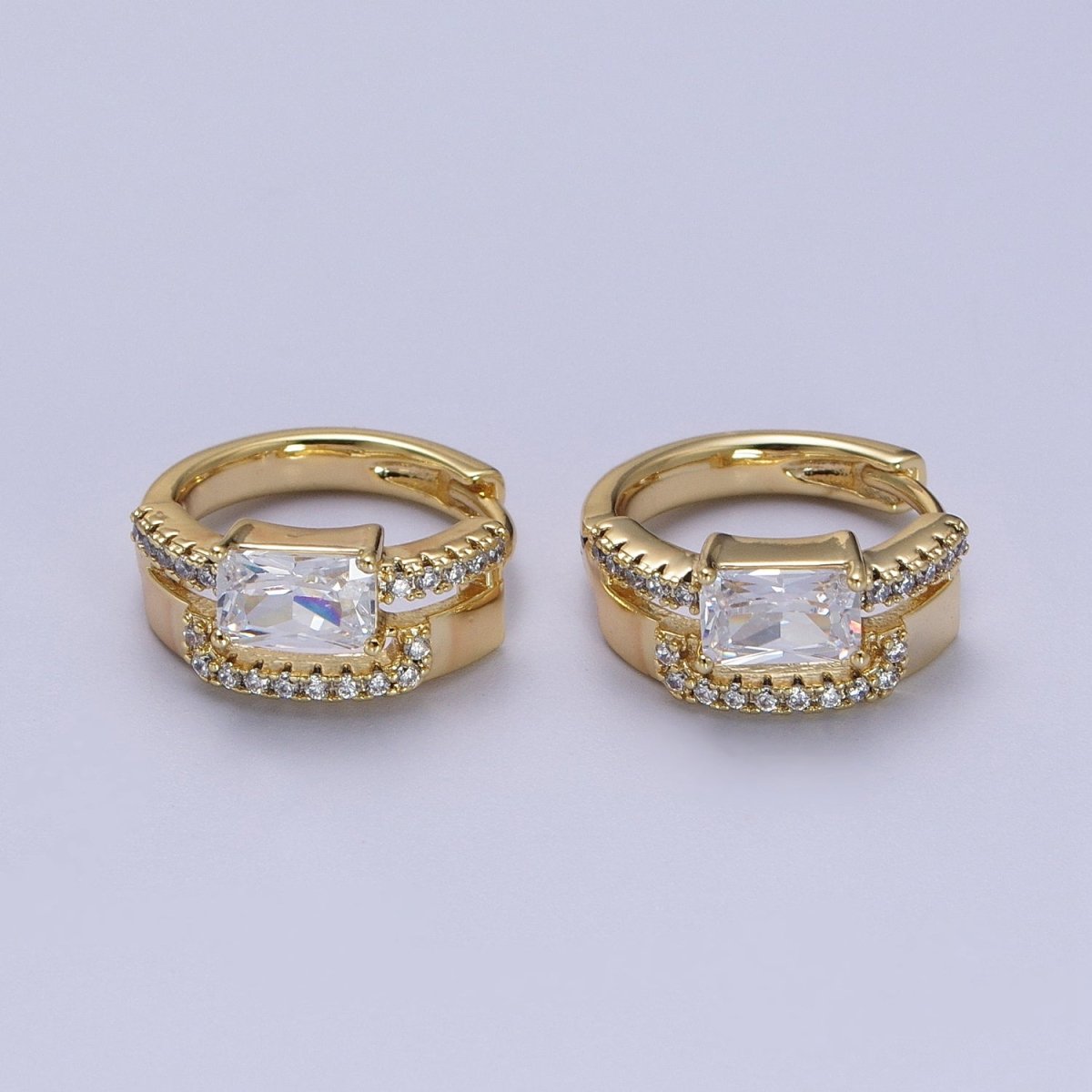 14K Gold Filled Clear Baguette Micro Paved Double Band Huggie Earrings | V-026